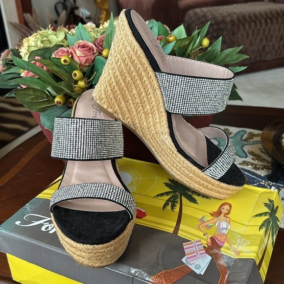 Brand New Black & Silver Crystal Rhinestone Wedge Sandals Sparkly Sexy 4.5” Heel - Picture 4 of 16